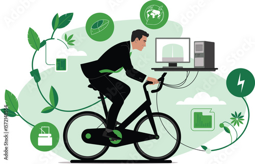 Businessman on stationary bike powering computer and connected to green technology and sustainability icons. Vector Image, AI Generated