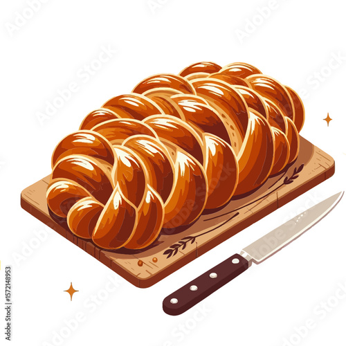 This image shows a freshly baked braided loaf on a cutting board with a knife, ideal for websites or blogs about baking, recipes, or traditional foods.

