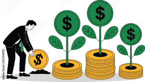 Businessman planting a golden coin to grow a money tree with dollar signs. Vector Image, AI Generated