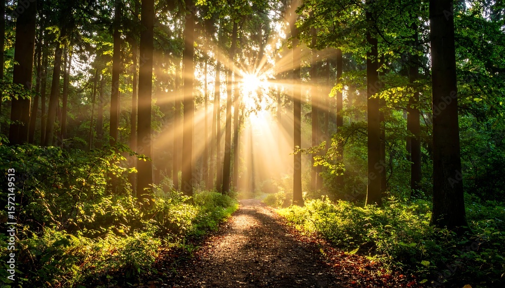 Fototapeta premium Sunlight streams through forest path