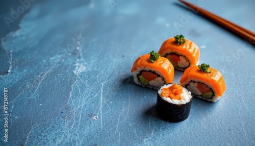 20250703230941list 153 charming sushi set in the bar corner on a blue background, in a warm food photography style, with muted softness, clear composition, high resolution