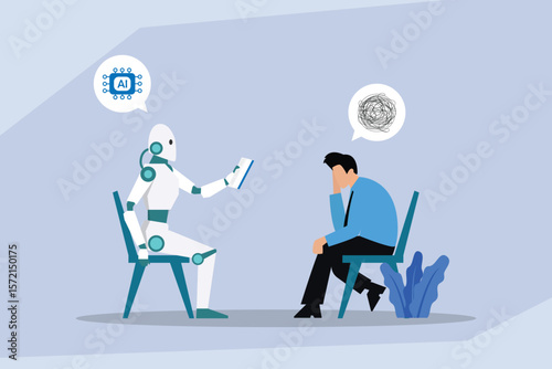 AI Robot Providing Mental Health Therapy and Support to Man 2d flat vector illustrations
