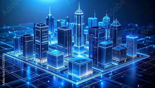 Cityscape Digital Blueprint with Glowing Blue Lines