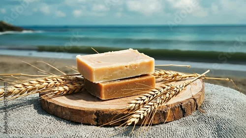 Natural handmade soap bars placed on a wooden slice with wheat stalks near a beach setting