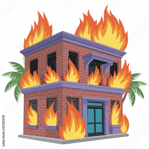 Illustration of building on fire disaster emergency safety flames danger hot heat destruction property damage