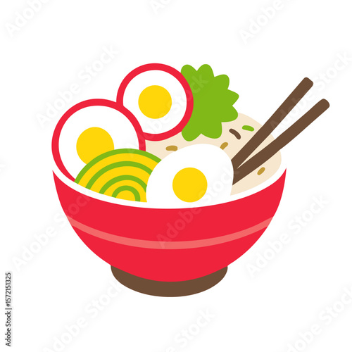 Bowl of ramen with egg noodles and chopsticks. Perfect for food blogs, Asian cuisine menus, or restaurant advertisements.