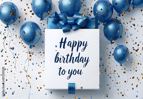 Blue Balloons, Confetti, and Birthday Wishes on a White Backgrou