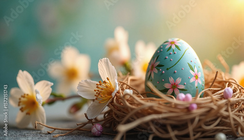 Decorated Easter egg resting in a nest with spring flowers  