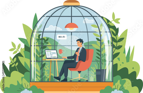 Businessman working on laptop inside a glass dome surrounded by lush green plants and wi fi signal. Vector Image, AI Generated