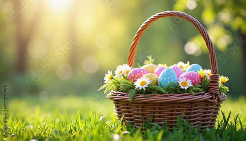 Easter basket with colorful eggs and flowers on green grass  