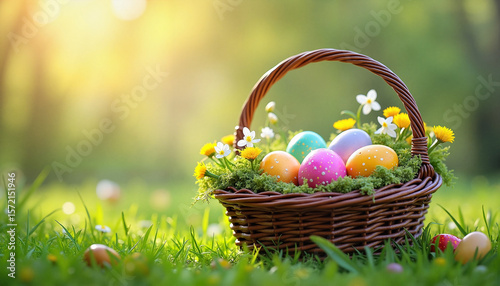 Colorful Easter eggs in basket surrounded by flowers on grass  