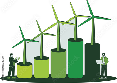 Businessmen analyze growing wind energy production represented by a bar chart of wind turbines. Vector Image, AI Generated
