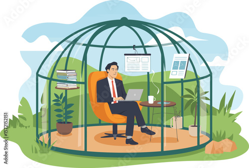 Businessman working on laptop inside a modern glass greenhouse surrounded by nature. Vector Image, AI Generated