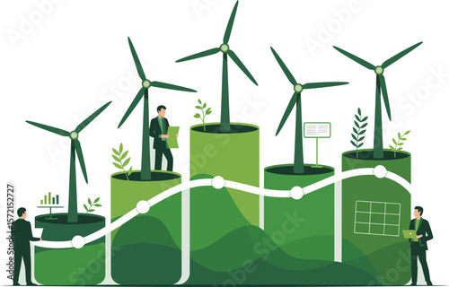 Businessmen analyzing renewable energy growth with wind turbines and solar panels on a chart. Vector Image, AI Generated