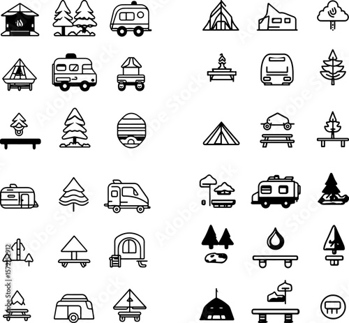 campground icons, camping site, outdoor campground, nature campground, forest campground, lakeside campground, mountain campground, national park campground, RV campground, tent campgro