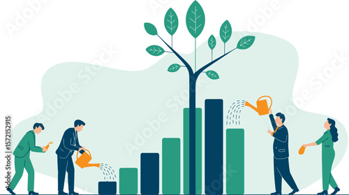 Business people watering a growing tree on a bar chart symbolizing financial growth. Vector Image, AI Generated