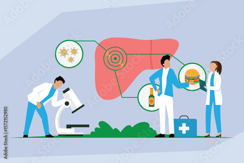 Liver Health and Disease Research with Lifestyle Factors 2d flat vector illustrations