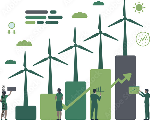 Business professionals analyze wind energy growth and financial performance with charts and turbines. Vector Image, AI Generated