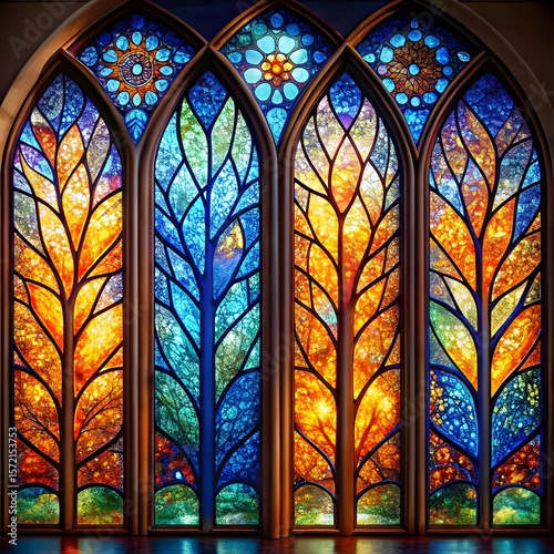 Vibrant stained glass window depicting stylized trees with colorful luminous patterns in a gothic architectural style