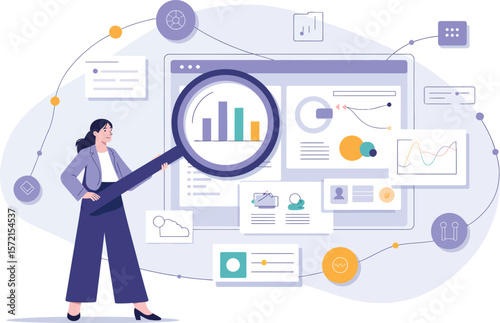 Businesswoman analyzing data charts and graphs with a magnifying glass on a digital dashboard. Vector Image, AI Generated