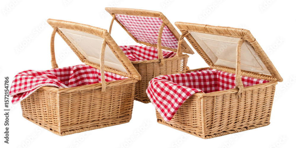 Obraz premium Picnic baskets with red checkered lining are perfect for outdoor gatherings and enjoying meals in nature