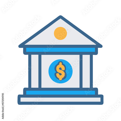 Stylized icon of a bank building with dollar symbol