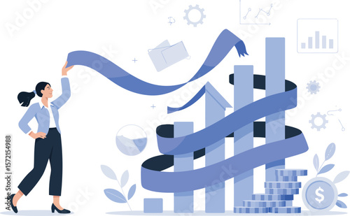 Businesswoman holding a blue ribbon unfurling around a rising bar graph symbolizing growth. Vector Image, AI Generated