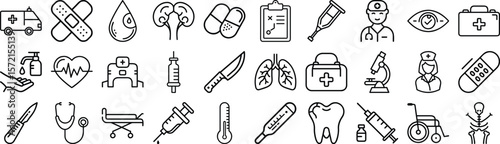 Medical healthcare vector icon set with stethoscope syringe pill heart ambulance thermometer emergency cross.