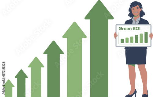 Businesswoman holding a sign showing green roi with rising green arrows indicating growth. Vector Image, AI Generated