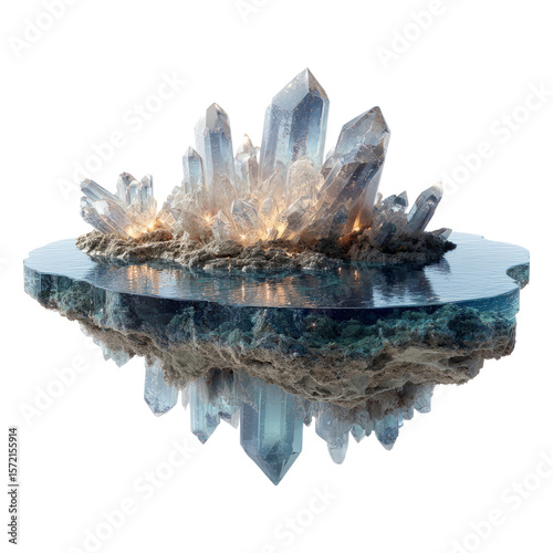 Stunning Transparent Crystal Formation with Reflective Water Surface