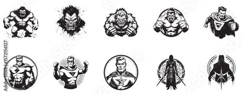 Superhuman Monster Superhuman Sword Assassin of the Cosmos creator logo illustration set collection representing powerful beings and cosmic warriors suitable for action games comic series