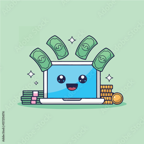 Cute laptop making money online business finance digital marketing earning income from home illustration design