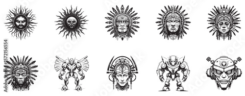 Sun Outcast of Curses Sun Shaman Sage Super Robot Creator logo illustration set collection representing mystical and technological figures suitable for fantasy sci fi games comics and creative