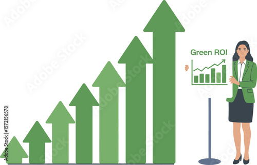 Businesswoman presenting positive green return on investment with upward trending growth arrows. Vector Image, AI Generated