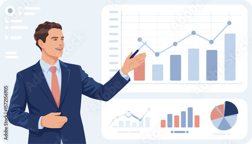 Confident businessman points to financial charts and graphs on a digital screen during presentation. Vector Image, AI Generated