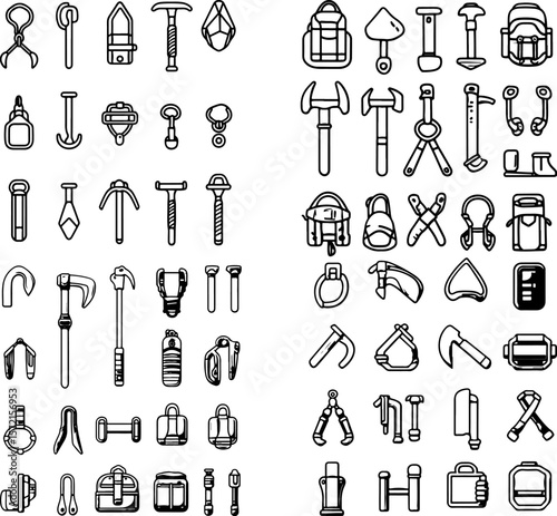 ice climbing tools icons, ice axe, ice tool, crampons, ice climbing gear, ice climbing equipment, ice climbing pick, mountaineering tools, ice climbing protection, ice climbing safety,