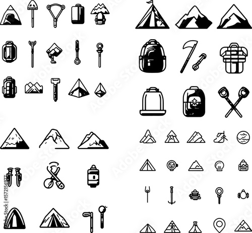 mountaineering icons, mountain climbing gear, climbing tools, mountaineering equipment, ice axe, crampons, climbing rope, belay device, climbing helmet, climbing boots, mountain hiking