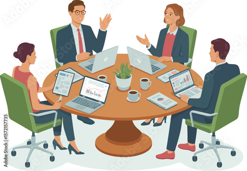 Diverse business professionals collaborate around a round table with laptops and charts during a meeting. Vector Image, AI Generated