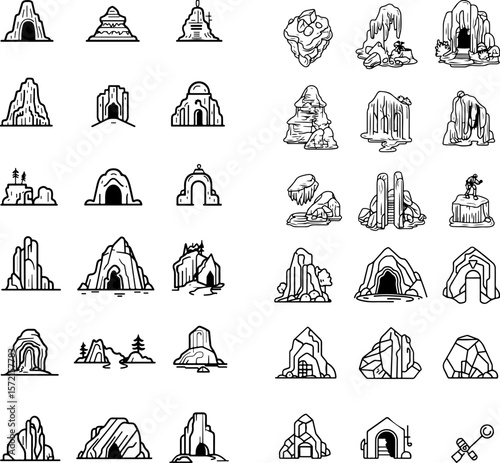 cave icons, cave entrance, cave mouth, cave tunnel, cave system, underground cave, cave exploration, cave stalactites, cave stalagmites, cave formations, cave passage, cave structure, c