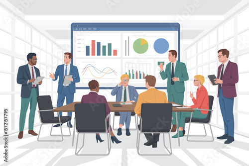 Diverse business professionals collaborate in a modern office during a data analysis presentation meeting. Vector Image, AI Generated