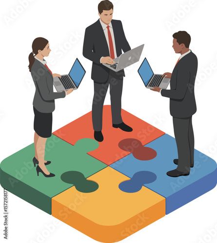 Diverse business professionals collaborate on laptops standing on a colorful puzzle piece platform. Vector Image, AI Generated