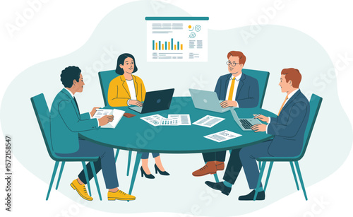 Diverse business professionals collaborating around a table with laptops and presentation chart. Vector Image, AI Generated