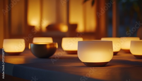 Warm, ambient lighting with multiple glowing candles on a table. Soft, inviting glow of LED candles in a modern setting.