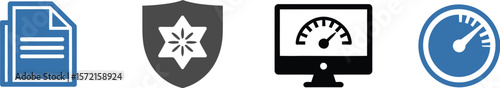 Document security performance monitor icons for business data protection and system optimization analysis