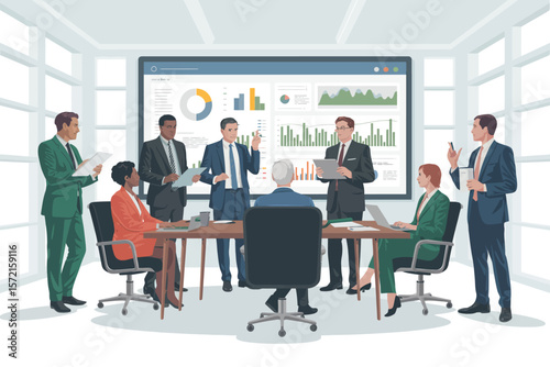 Diverse business professionals collaborating in a modern office meeting with data charts on screen. Vector Image, AI Generated