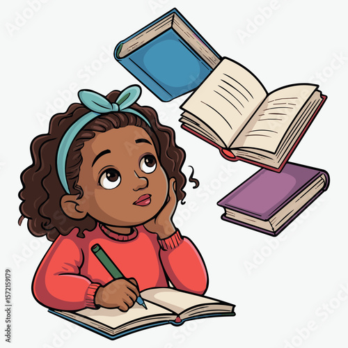 Illustration of girl writing in notebook with books education learning and studying concept for kids and children