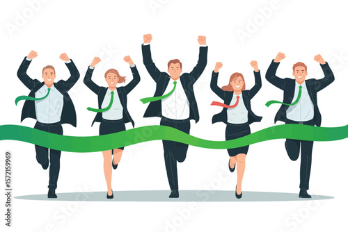 Diverse business team celebrating crossing the finish line together in a race. Vector Image, AI Generated