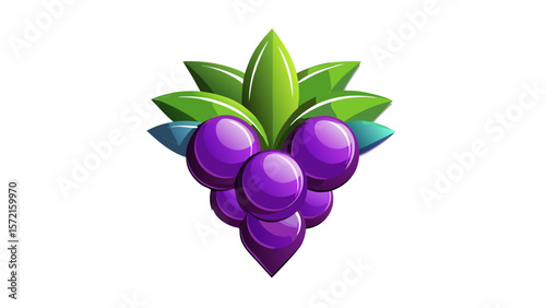 Stylized purple grapes with green leaves isolated on a black background