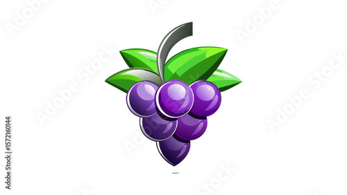 Stylized bunch of purple grapes with green leaves and a gray stem
