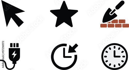 Icon set vector illustration of cursor star building usb clock time design element symbols graphics